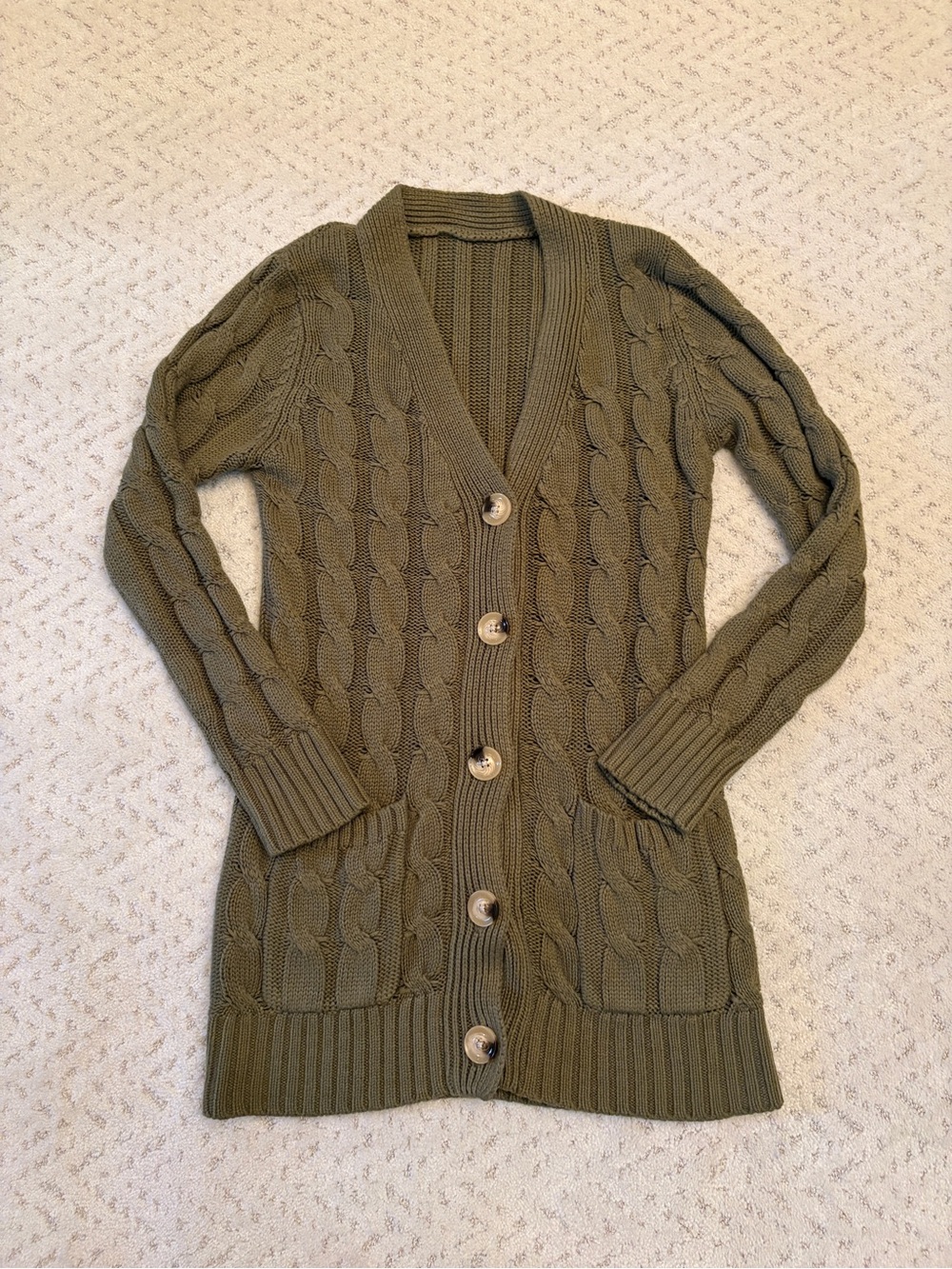 Woodsy Olive Green Cable Knit Cardigan Sweater Size M Pockets Acrylic Long Line